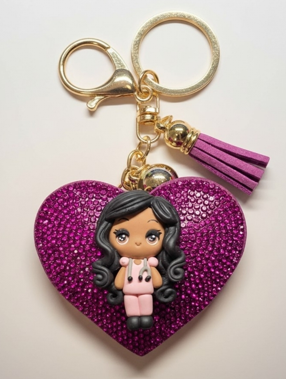 ​Handmade Artisan Nurse Clay Doll Heart Bag Charm Keychain